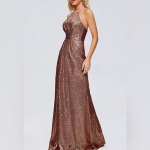 NWT! Christina Wu Rose Gold Halter Sequin Gown Style 22877 Size 2